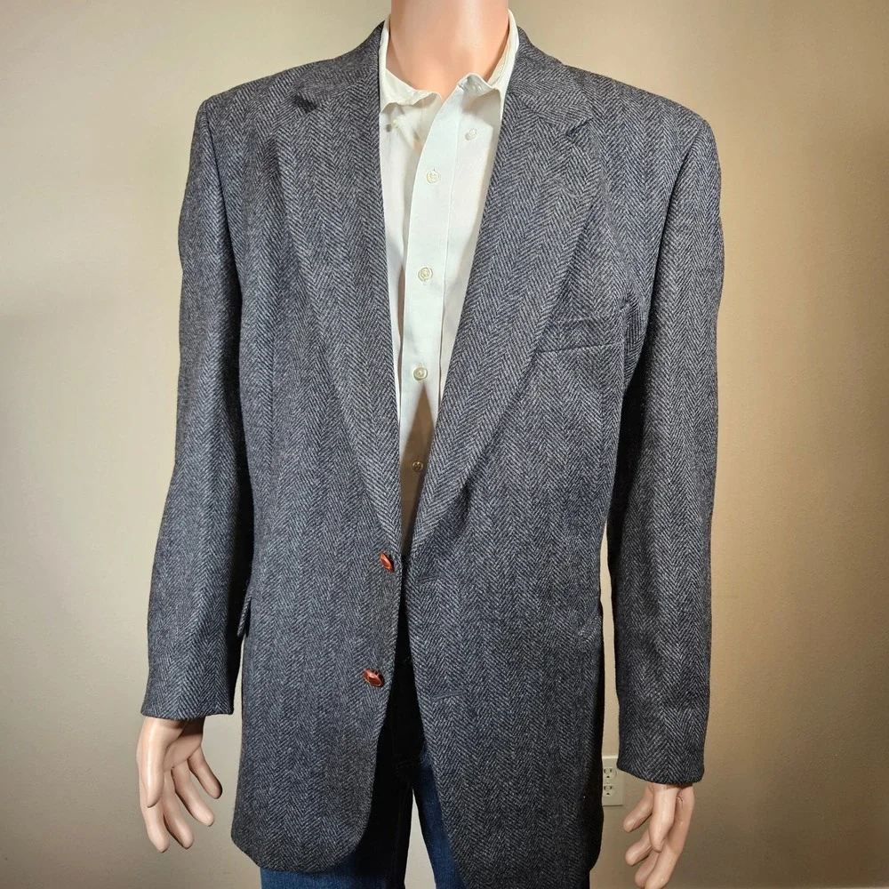 English Manor Mens 48L Herringbone Tweed 100% Wool Sport Coat Blazer Gray Black